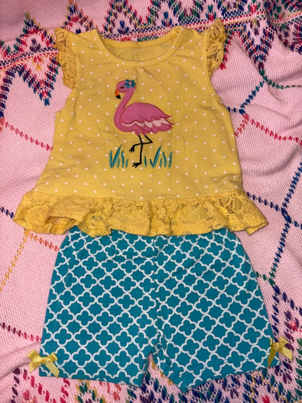 Yellow Flamingo Ruffle Tank with Teal Patterned Shorts Matching Set Baby Girl 18